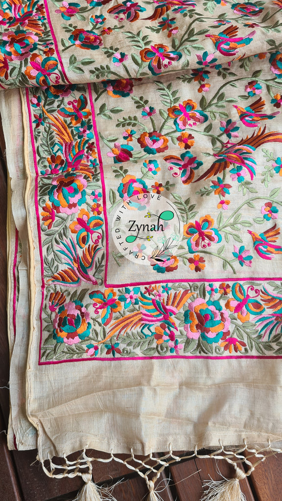 Zynah Pure Tussar Silk Parsi work Inspired Saree, Flamingo Bird Motifs; Custom Stitched/Ready-made Blouse, Fall, Petticoat; Shipping available USA, Worldwide