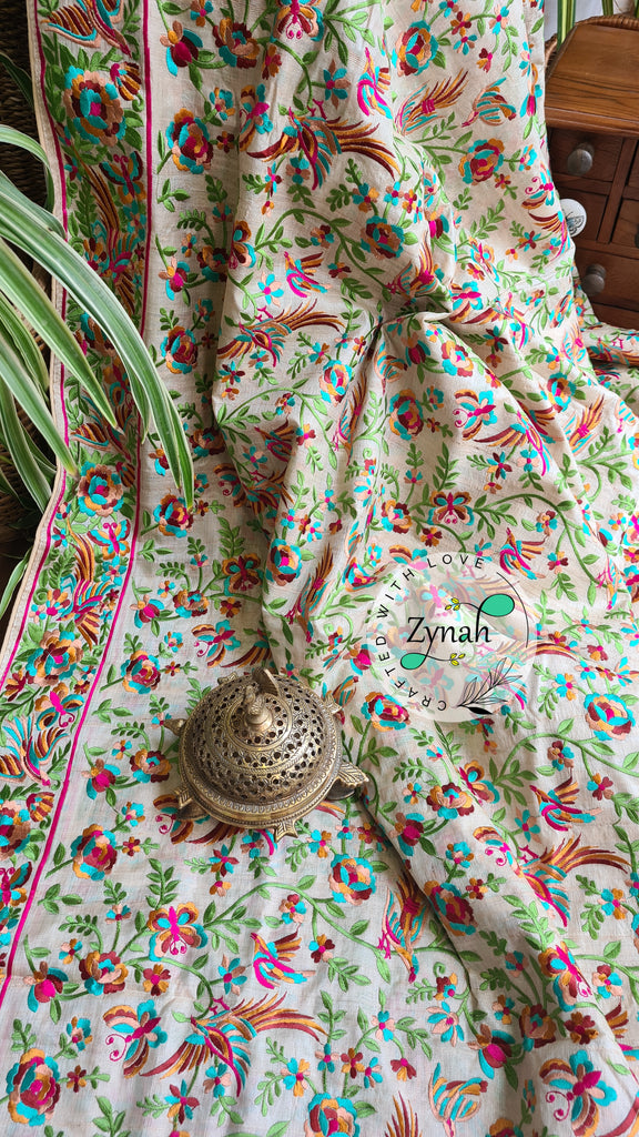 Zynah Pure Tussar Silk Parsi work Inspired Saree, Flamingo Bird Motifs; Custom Stitched/Ready-made Blouse, Fall, Petticoat; Shipping available USA, Worldwide