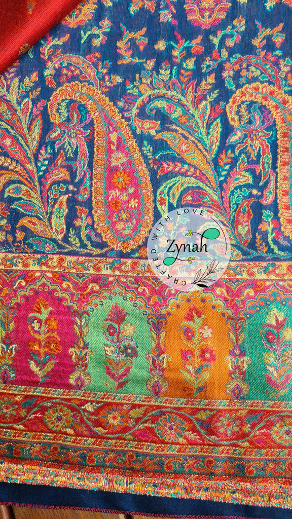 Zynah Blue & Orange Kashmiri Pure Kani Silk Jamavar Saree | Kashmiri Traditional Pashmina Pure Silk Kani Saree; Custom Stitched/Ready-made Blouse, Fall, Petticoat; SKU: 2103202201