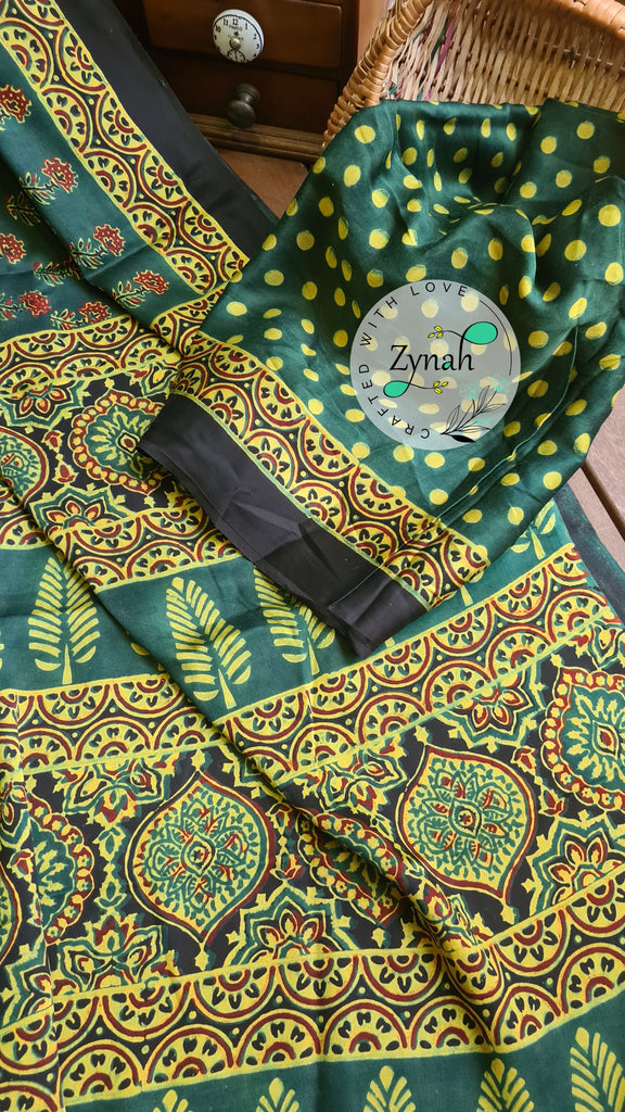 Zynah Pure Modal Silk Ajrakh Saree with Handblock Prints; Custom Stitched/Ready-made Blouse, Fall, Petticoat; Shipping available USA, Worldwide