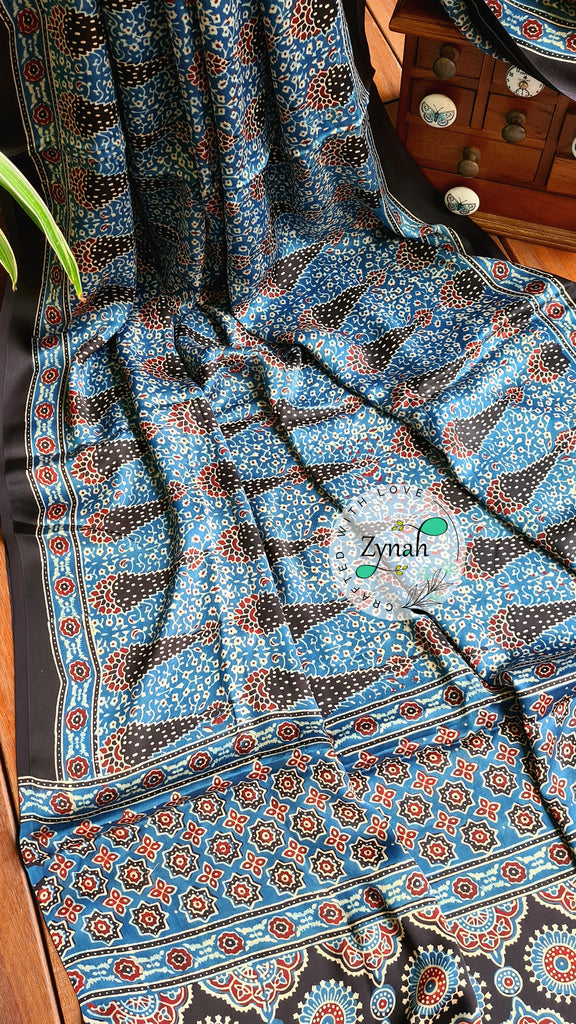 Zynah Pure Modal Silk Ajrakh Saree with Handblock Prints; Custom Stitched/Ready-made Blouse, Fall, Petticoat; Shipping available USA, Worldwide