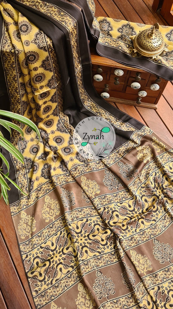 Zynah Pure Modal Silk Ajrakh Saree with Handblock Prints; Custom Stitched/Ready-made Blouse, Fall, Petticoat; Shipping available USA, Worldwide
