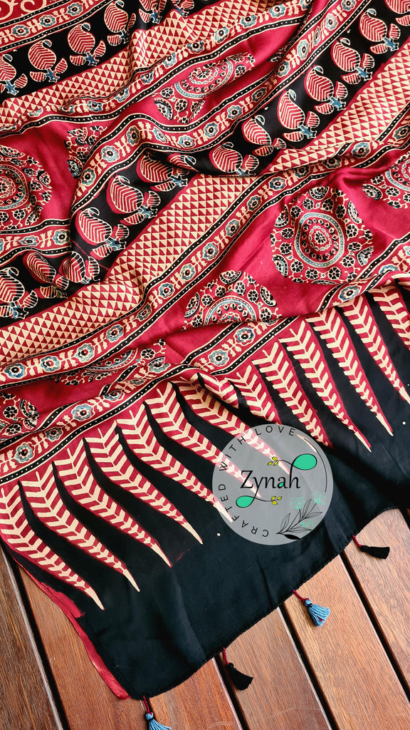 Zynah Pure Modal Silk Ajrakh Saree with Handblock Prints; Custom Stitched/Ready-made Blouse, Fall, Petticoat; Shipping available USA, Worldwide