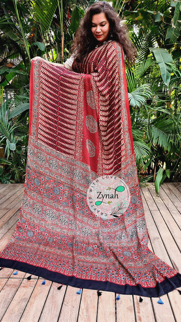 Zynah Pure Modal Silk Ajrakh Saree with Handblock Prints; Custom Stitched/Ready-made Blouse, Fall, Petticoat; Shipping available USA, Worldwide
