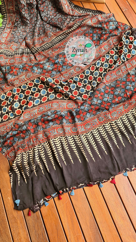 Zynah Pure Modal Silk Ajrakh Saree with Handblock Prints; Custom Stitched/Ready-made Blouse, Fall, Petticoat; Shipping available USA, Worldwide