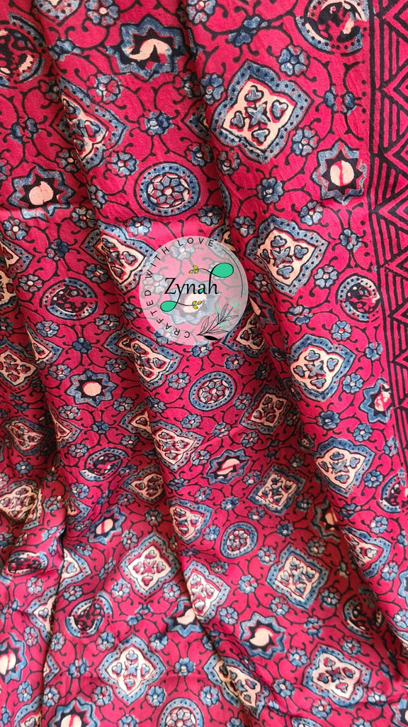 Zynah Pure Modal Silk Ajrakh Saree with Handblock Prints; Custom Stitched/Ready-made Blouse, Fall, Petticoat; Shipping available USA, Worldwide