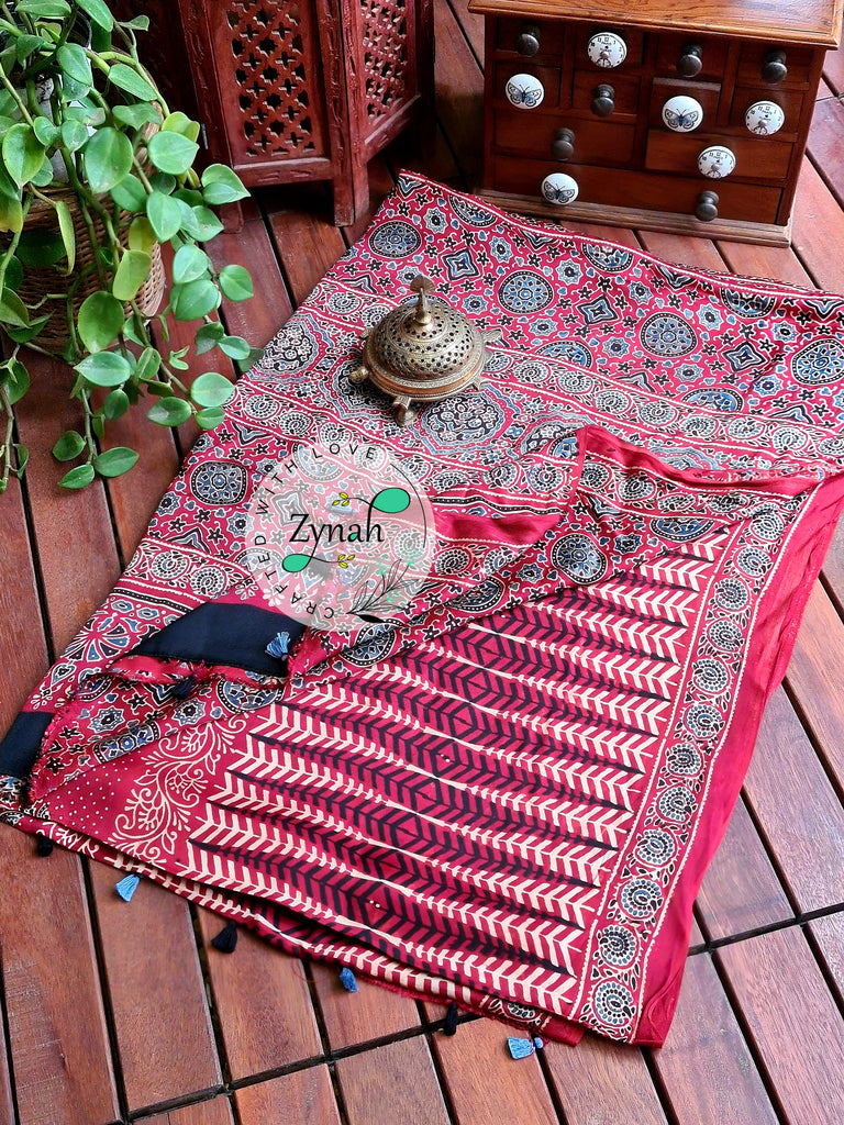 Zynah Pure Modal Silk Ajrakh Saree with Handblock Prints; Custom Stitched/Ready-made Blouse, Fall, Petticoat; Shipping available USA, Worldwide