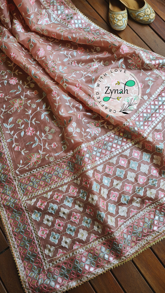 Zynah Pure Organza Silk Saree with Gotapatti Lace, Foil & Thread Embroidery Work; Custom Stitched/Ready-made Blouse, Fall, Petticoat; Shipping available USA, Worldwide