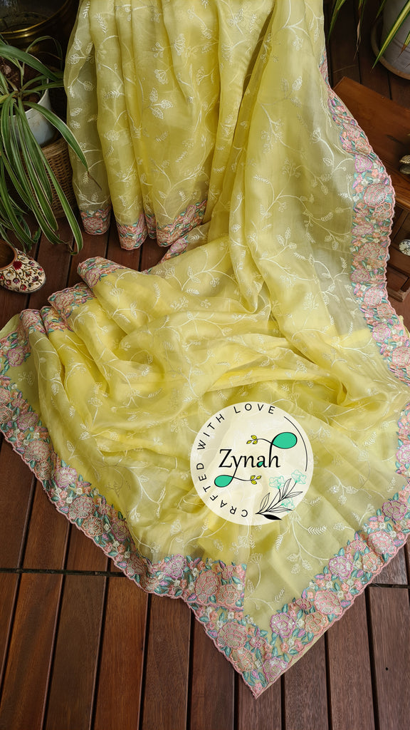Zynah Pure Organza Silk Saree with Scalloped Border, Thread Embroidery & Sequence Work; Custom Stitched/Ready-made Blouse, Fall, Petticoat; Shipping available USA, Worldwide