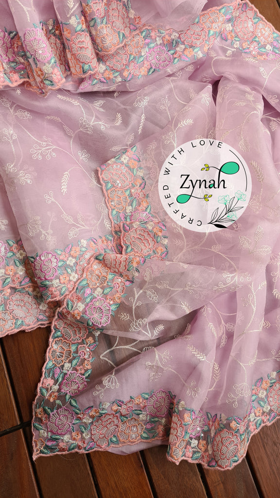Zynah Pure Organza Silk Saree with Scalloped Border, Thread Embroidery & Sequence Work; Custom Stitched/Ready-made Blouse, Fall, Petticoat; Shipping available USA, Worldwide
