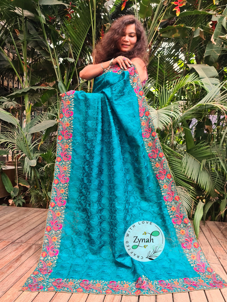 Zynah Designer Pure Kora Silk Saree with Scalloped Border & Thread Embroidery; Custom Stitched/Ready-made Blouse, Fall, Petticoat; Shipping available USA, Worldwide