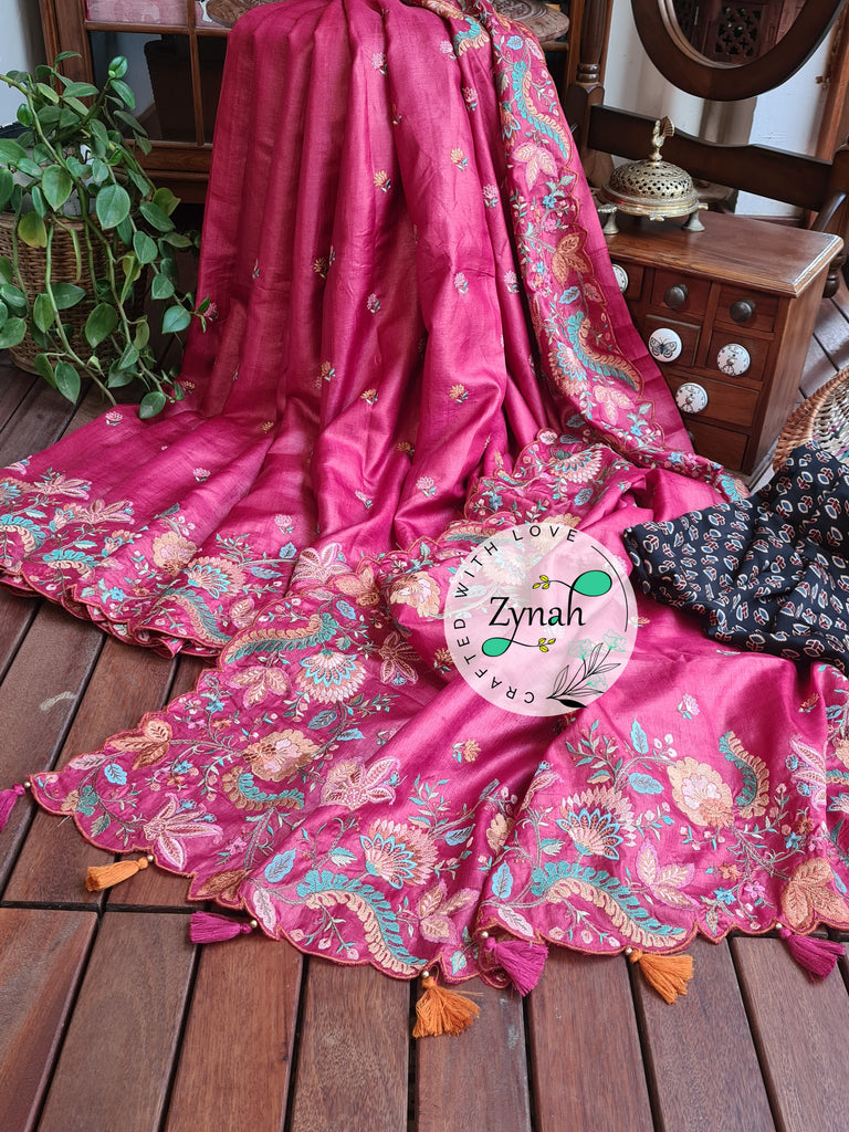 Zynah Pure Tussar Silk Embroidered Saree with Scalloped Border & 2 blouse pieces; Custom Stitched/Ready-made Blouse, Fall, Petticoat; Shipping available USA, Worldwide