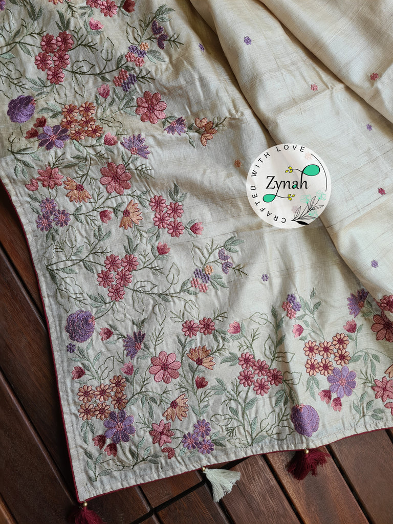 Zynah Pure Tussar Silk Embroidered Saree with 2 blouse pieces; Custom Stitched/Ready-made Blouse, Fall, Petticoat; Shipping available USA, Worldwide