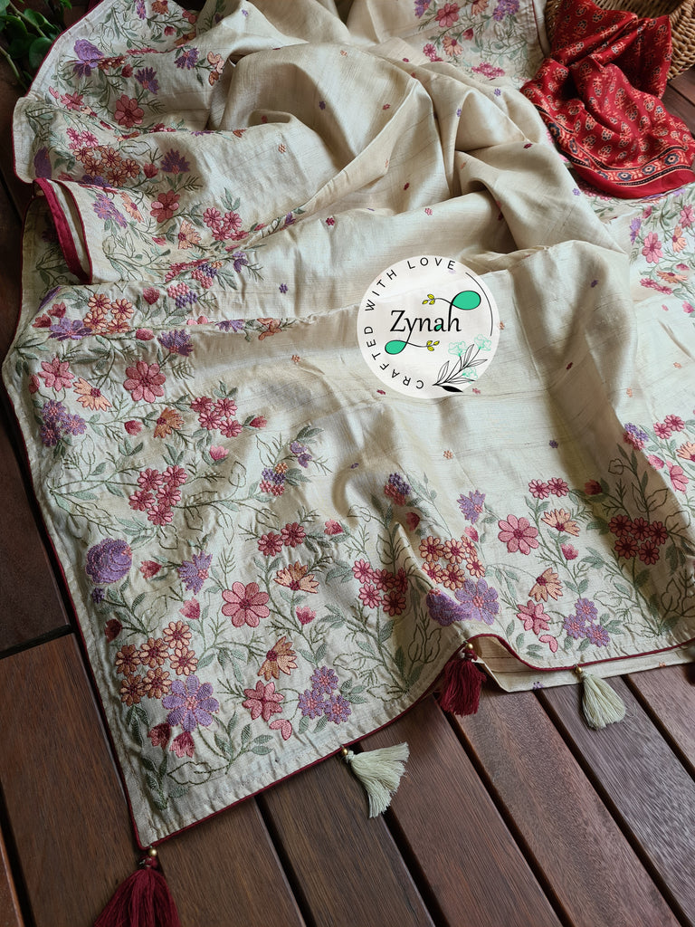Zynah Pure Tussar Silk Embroidered Saree with 2 blouse pieces; Custom Stitched/Ready-made Blouse, Fall, Petticoat; Shipping available USA, Worldwide