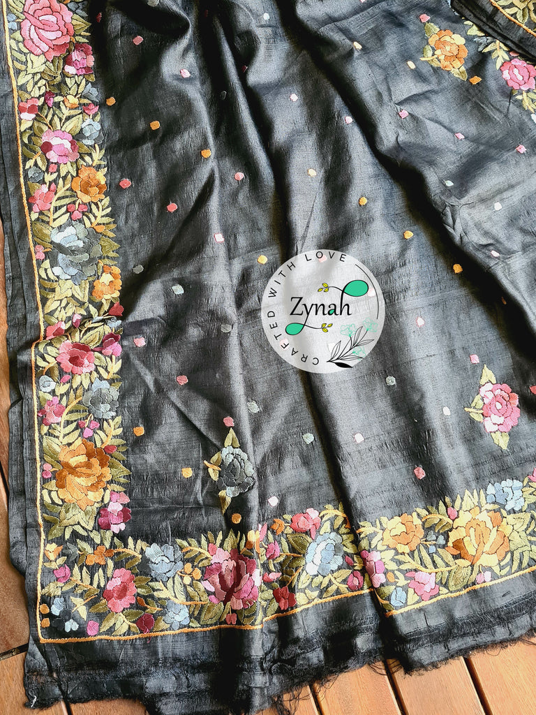 Zynah Made to Order Pure Tussar Silk Parsi Gara Handcrafted Saree; Custom Stitched/Ready-made Blouse, Fall, Petticoat; Shipping available USA, Worldwide