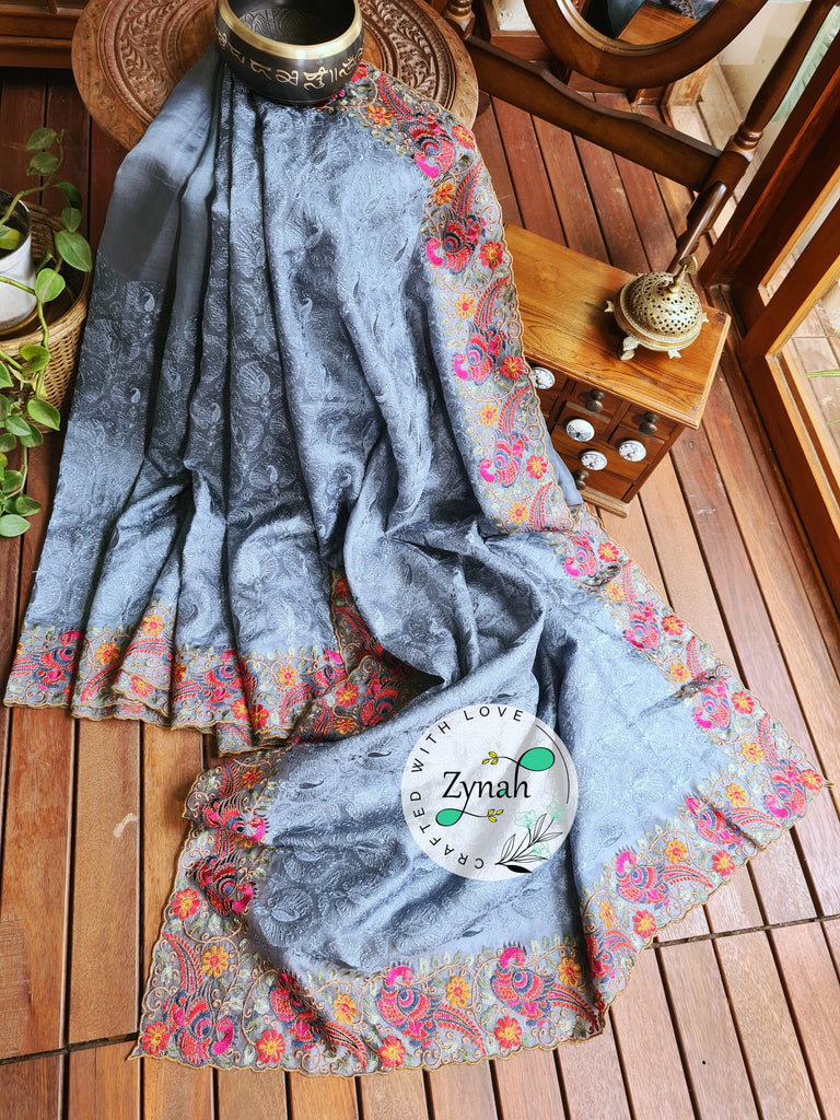 Zynah Designer Pure Kora Silk Saree with Scalloped Border & Thread Embroidery; Custom Stitched/Ready-made Blouse, Fall, Petticoat; Shipping available USA, Worldwide