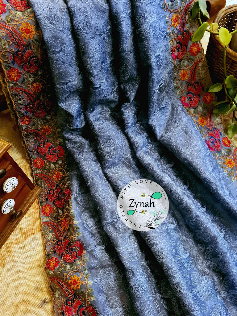 Zynah Designer Pure Kora Silk Saree with Scalloped Border & Thread Embroidery; Custom Stitched/Ready-made Blouse, Fall, Petticoat; Shipping available USA, Worldwide