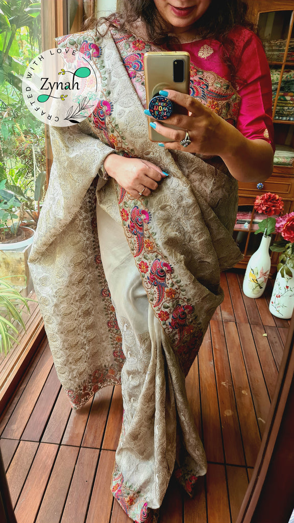 Zynah Designer Pure Kora Silk Saree with Scalloped Border & Thread Embroidery; Custom Stitched/Ready-made Blouse, Fall, Petticoat; Shipping available USA, Worldwide