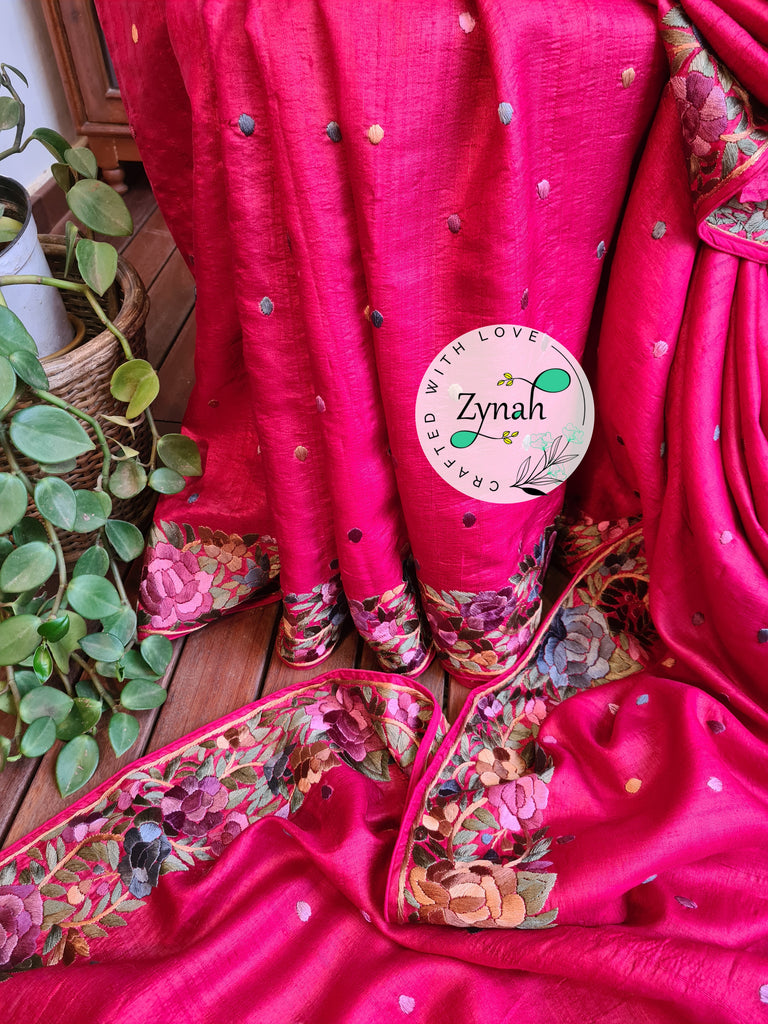 Zynah Made to Order Pure Tussar Silk Parsi Gara Handcrafted Saree; Custom Stitched/Ready-made Blouse, Fall, Petticoat; Shipping available USA, Worldwide