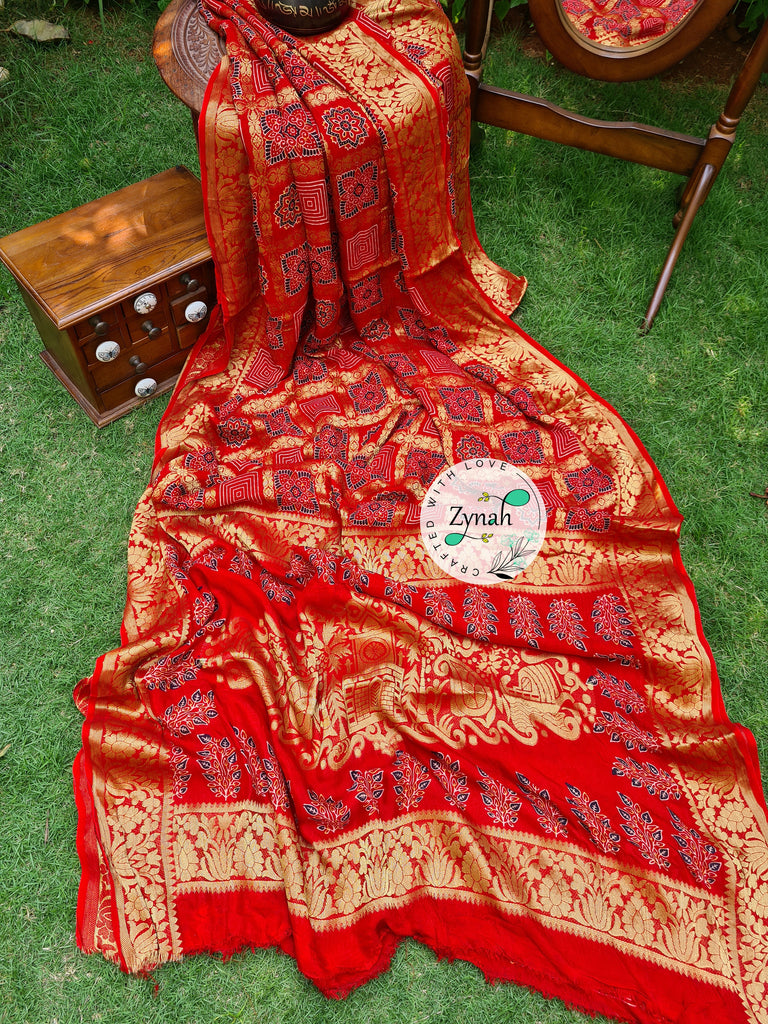 Zynah Pure Munga Silk Saree with Ajrakh Prints & Gharchola Zari Weave; Custom Stitched/Ready-made Blouse, Fall, Petticoat; Shipping available USA, Worldwide