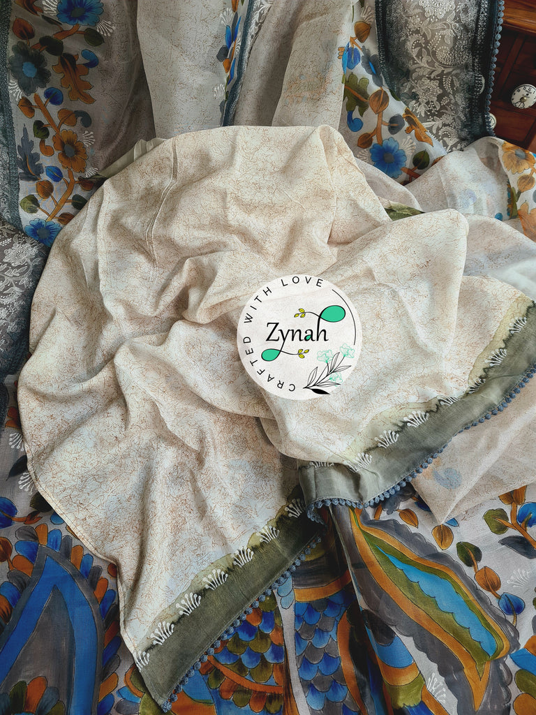 Zynah Premium Quality Pure Kora Silk Saree with Hand-painted Kalamkari Designs, Chikankari Embroidery; Custom Stitched/Ready-made Blouse, Fall, Petticoat; Shipping available USA, Worldwide