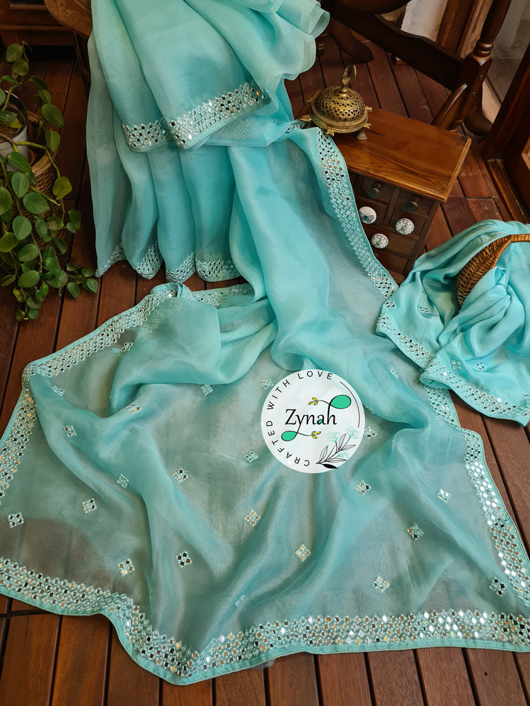Zynah Pure Organza Silk Saree with Mirror Kutchi Work; Custom Stitched/Ready-made Blouse, Fall, Petticoat; Shipping available USA, Worldwide