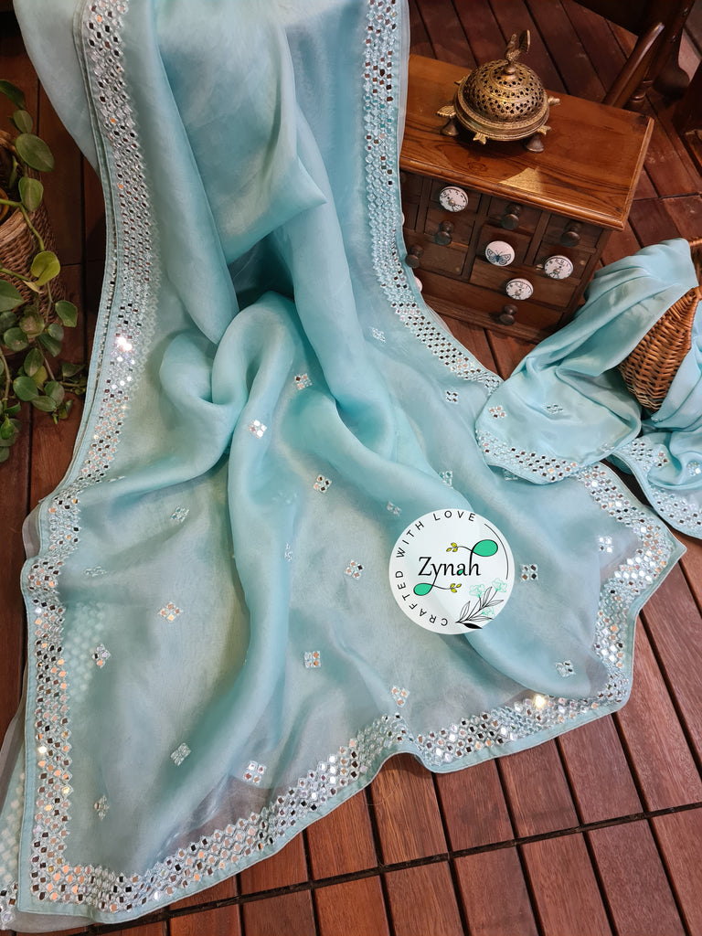 Zynah Pure Organza Silk Saree with Mirror Kutchi Work; Custom Stitched/Ready-made Blouse, Fall, Petticoat; Shipping available USA, Worldwide