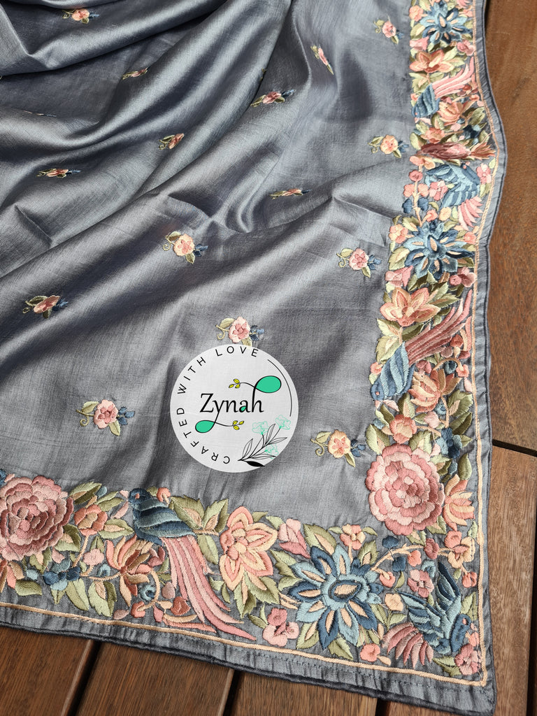 Zynah Grey Color Pure Handwoven Tussar Silk Parsi Gara Inspired Resham Thread Embroidery Saree; Custom Stitched/Ready-made Blouse, Fall, Petticoat; Shipping available USA, Worldwide
