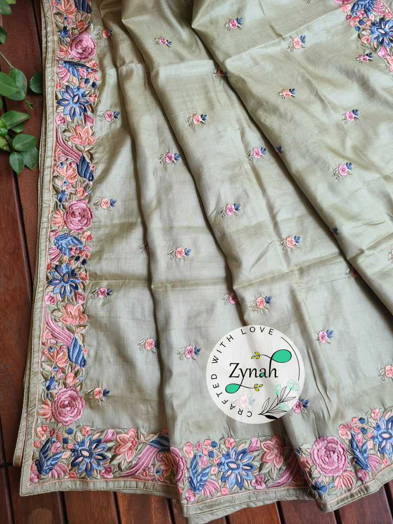 Zynah Pista Green Color Pure Handwoven Tussar Silk Parsi Gara Inspired Resham Thread Embroidery Saree; Custom Stitched/Ready-made Blouse, Fall, Petticoat; Shipping available USA, Worldwide