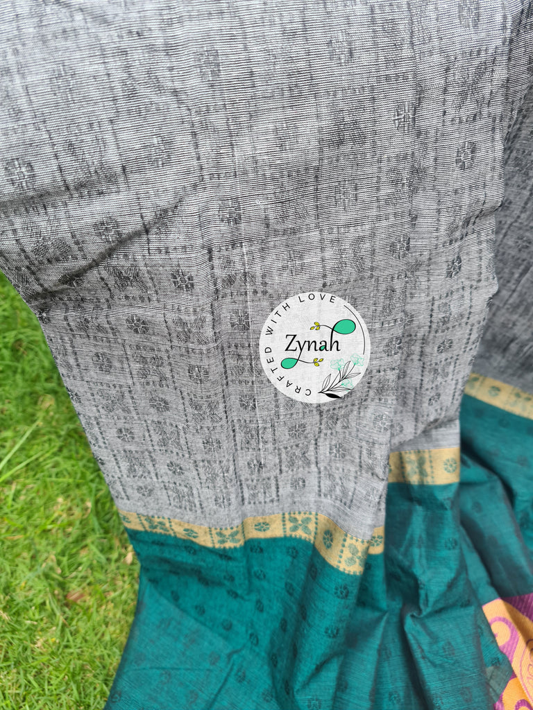 Zynah Grey Color Pure Handspun Cotton Saree with Zari Weave Border; Custom Stitched/Ready-made Blouse, Fall, Petticoat; Shipping available USA, Worldwide
