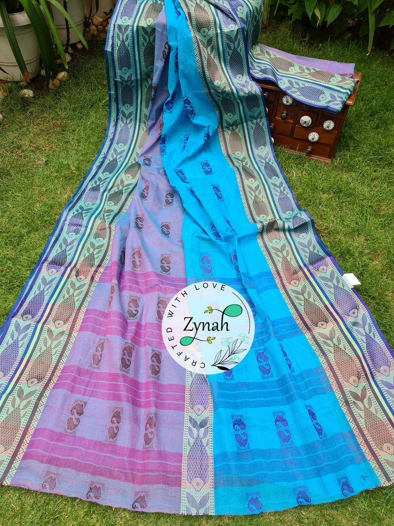 Zynah Blue Color Pure Handspun Cotton Saree with Zari Weave Border; Custom Stitched/Ready-made Blouse, Fall, Petticoat; Shipping available USA, Worldwide