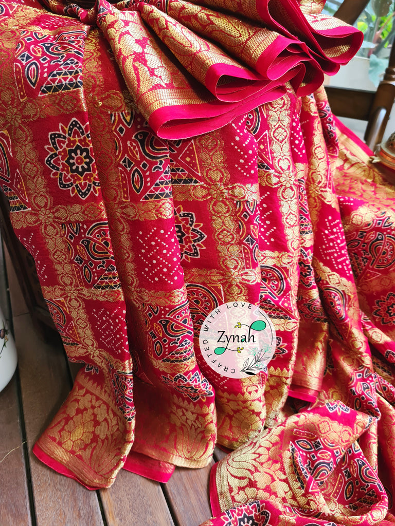 Zynah Pure Munga Silk Saree with Ajrakh Prints & Gharchola Zari Weave; Custom Stitched/Ready-made Blouse, Fall, Petticoat; Shipping available USA, Worldwide