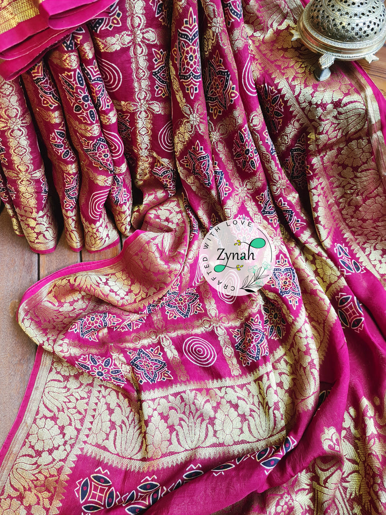 Zynah Pure Munga Silk Saree with Ajrakh Prints & Gharchola Zari Weave; Custom Stitched/Ready-made Blouse, Fall, Petticoat; Shipping available USA, Worldwide