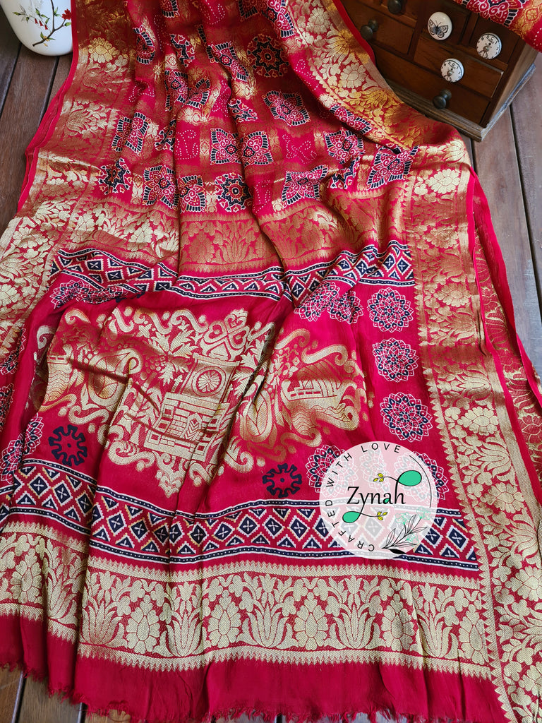 Zynah Pure Munga Silk Saree with Ajrakh Prints & Gharchola Zari Weave; Custom Stitched/Ready-made Blouse, Fall, Petticoat; Shipping available USA, Worldwide