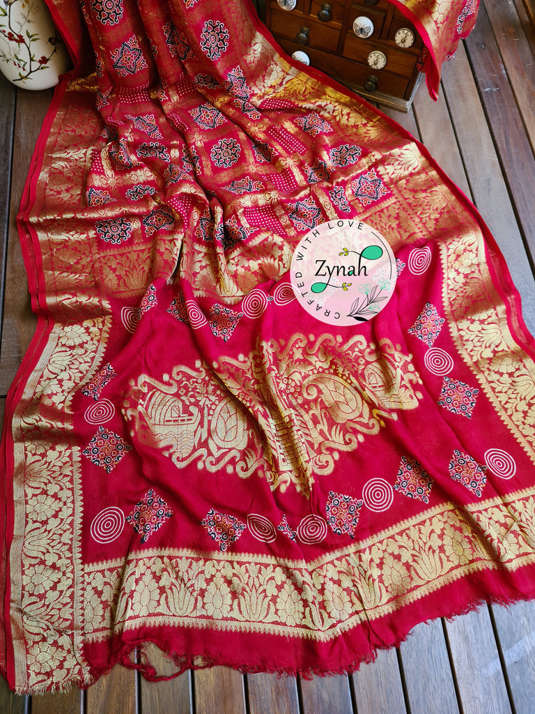Zynah Pure Munga Silk Saree with Ajrakh Prints & Gharchola Zari Weave; Custom Stitched/Ready-made Blouse, Fall, Petticoat; Shipping available USA, Worldwide