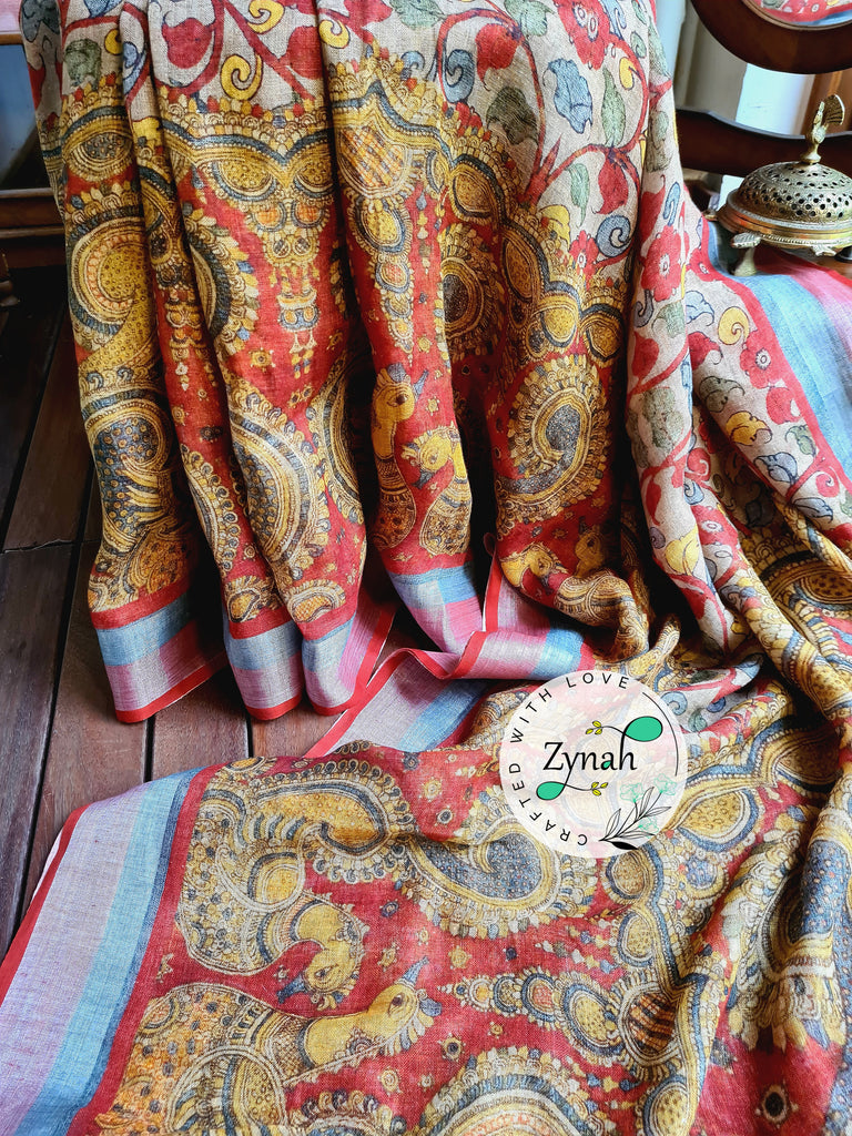Zynah Beige Color Kalamkari Organic Lab Tested 120 Count pure 'Linen by Linen' Saree; Custom Stitched/Ready-made Blouse, Fall, Petticoat; Shipping available USA, Worldwide