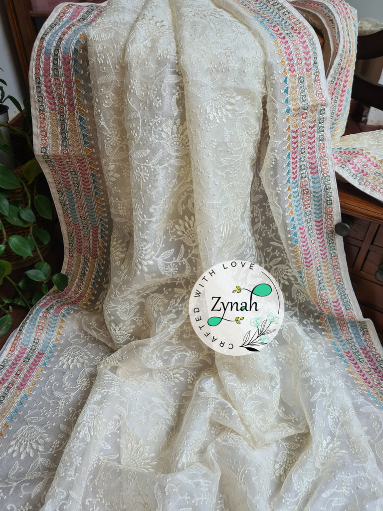 Zynah Off-white Color Pure Organza Silk Saree with Kantha Style Embroidery; Custom Stitched/Ready-made Blouse, Fall, Petticoat; Shipping available USA, Worldwide