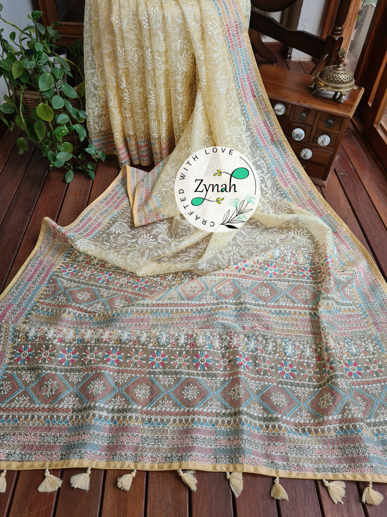 Zynah Butterscotch Yellow Color Pure Organza Silk Saree with Kantha Style Embroidery; Custom Stitched/Ready-made Blouse, Fall, Petticoat; Shipping available USA, Worldwide