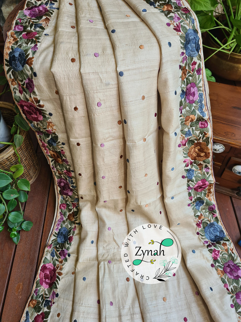 Zynah Off-white Color Made to Order Pure Tussar Silk Parsi Gara Handcrafted Saree; Custom Stitched/Ready-made Blouse, Fall, Petticoat; Shipping available USA, Worldwide