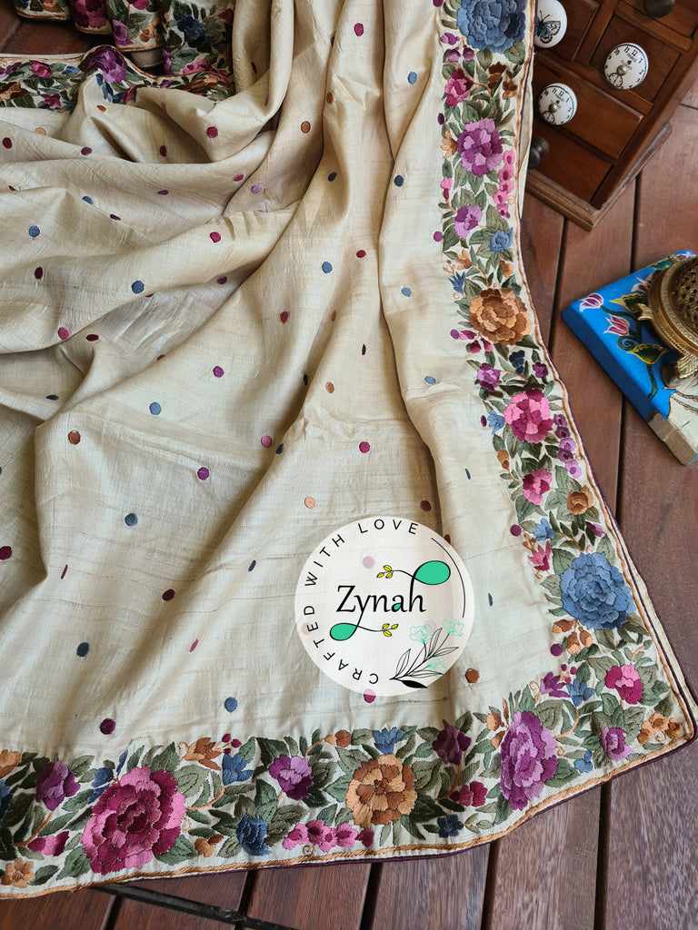 Zynah Off-white Color Made to Order Pure Tussar Silk Parsi Gara Handcrafted Saree; Custom Stitched/Ready-made Blouse, Fall, Petticoat; Shipping available USA, Worldwide