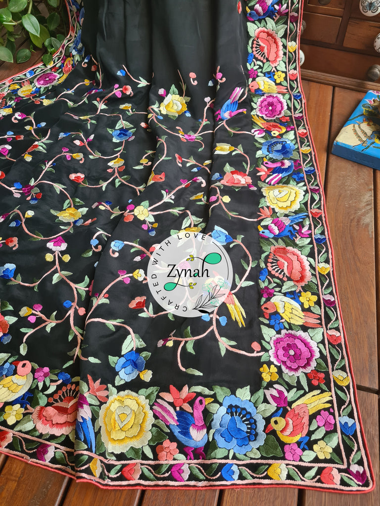 Zynah Black Color Pure Crepe Silk Parsi Gara Handcrafted Saree; Custom Stitched/Ready-made Blouse, Fall, Petticoat; Shipping available USA, Worldwide