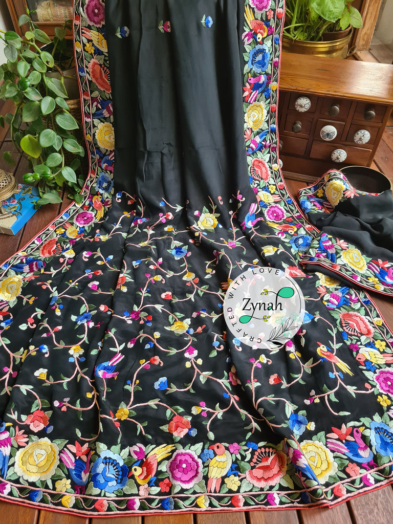 Zynah Black Color Pure Crepe Silk Parsi Gara Handcrafted Saree; Custom Stitched/Ready-made Blouse, Fall, Petticoat; Shipping available USA, Worldwide