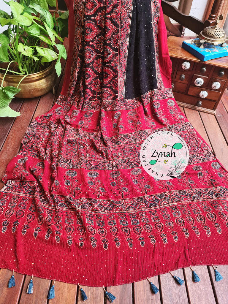 Zynah Black & Red Color Pure Georgette Sequence Work Saree with Ajrakh Handblock Prints; Custom Stitched/Ready-made Blouse, Fall, Petticoat; Shipping available USA, Worldwide