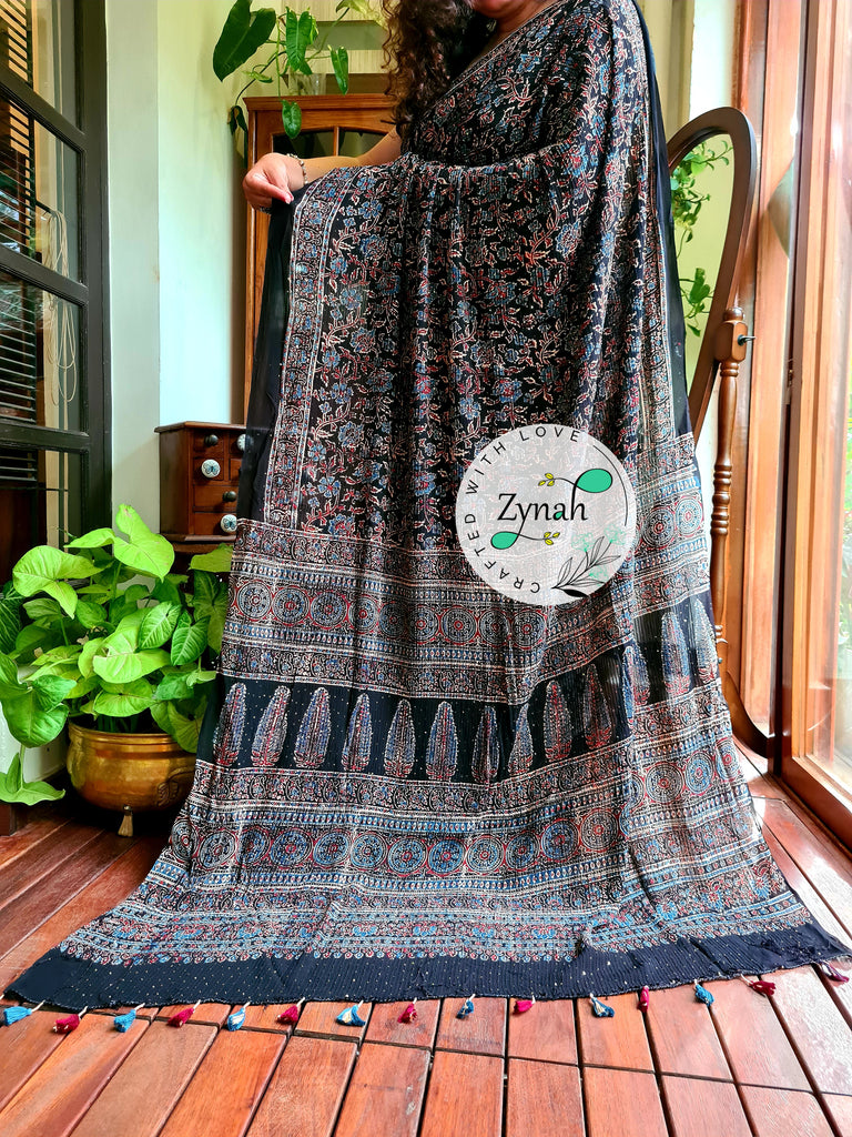Zynah Black Color Pure Georgette Sequence Work Saree with Ajrakh Handblock Prints; Custom Stitched/Ready-made Blouse, Fall, Petticoat; Shipping available USA, Worldwide
