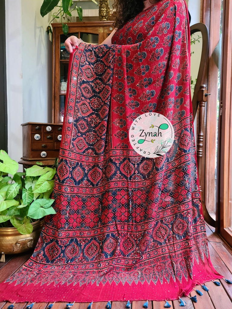 Zynah Red Color Pure Georgette Sequence Work Saree with Ajrakh Handblock Prints; Custom Stitched/Ready-made Blouse, Fall, Petticoat; Shipping available USA, Worldwide