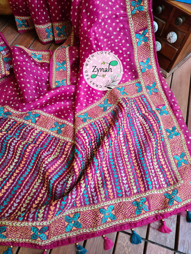 Zynah Pink Color Pure Organza Silk Saree with Bandhani Prints & Kantha Embroidery; Custom Stitched/Ready-made Blouse, Fall, Petticoat; Shipping available USA, Worldwide