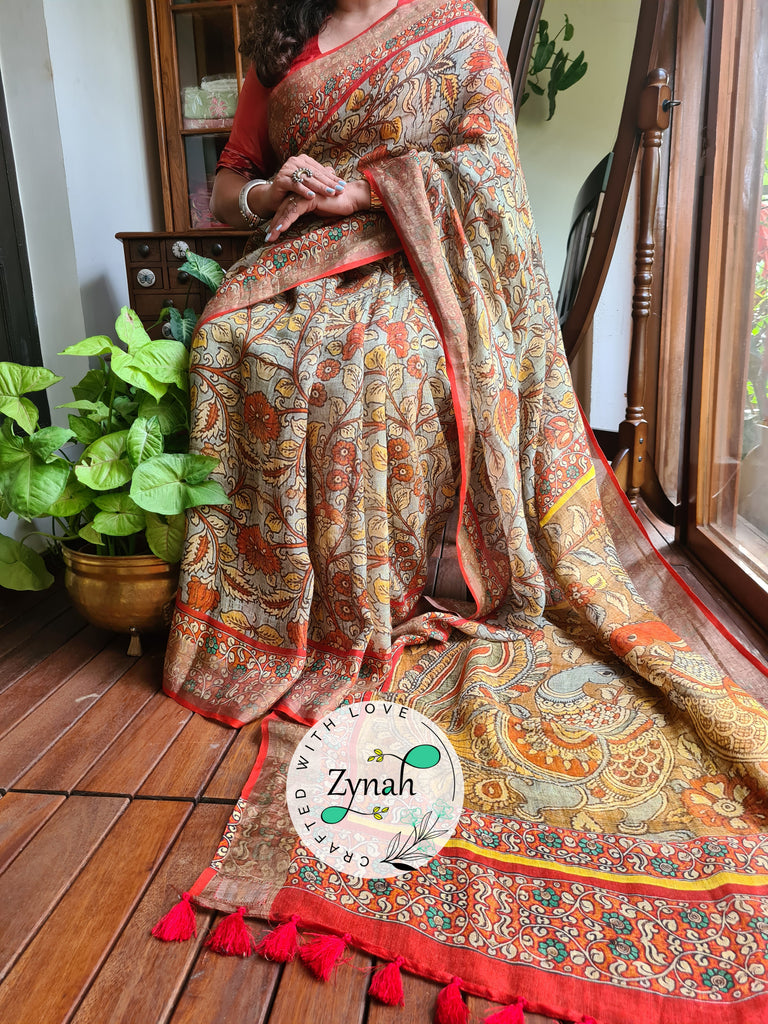 Zynah Blue Color Kalamkari Organic Lab Tested 120 Count pure 'Linen by Linen' Saree; Custom Stitched/Ready-made Blouse, Fall, Petticoat; Shipping available USA, Worldwide