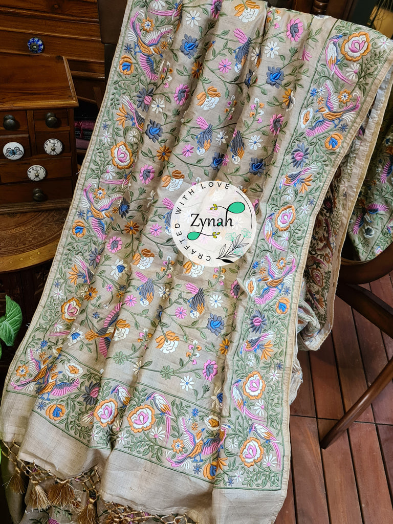 Zynah Tussar Color Pure Tussar Silk Parsi Gara Inspired Embroidery Saree; Custom Stitched/Ready-made Blouse, Fall, Petticoat; Shipping available USA, Worldwide