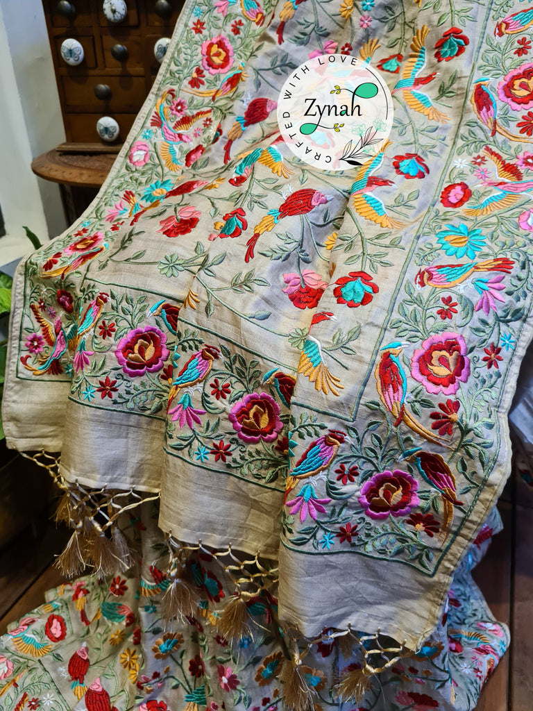 Zynah Tussar Color 2 Pure Tussar Silk Parsi Gara Inspired Embroidery Saree; Custom Stitched/Ready-made Blouse, Fall, Petticoat; Shipping available USA, Worldwide