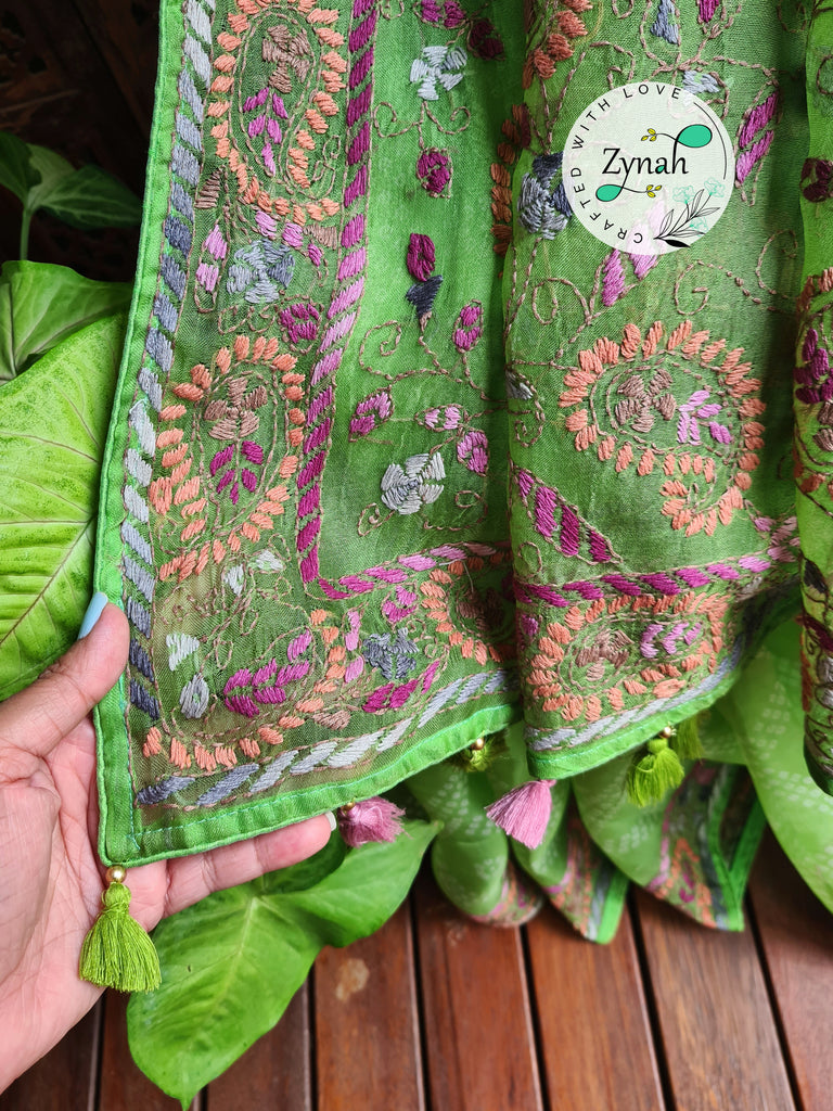 Zynah Light Green Color Pure Organza Silk Saree with Bandhani Prints & Kantha Embroidery; Custom Stitched/Ready-made Blouse, Fall, Petticoat; Shipping available USA, Worldwide